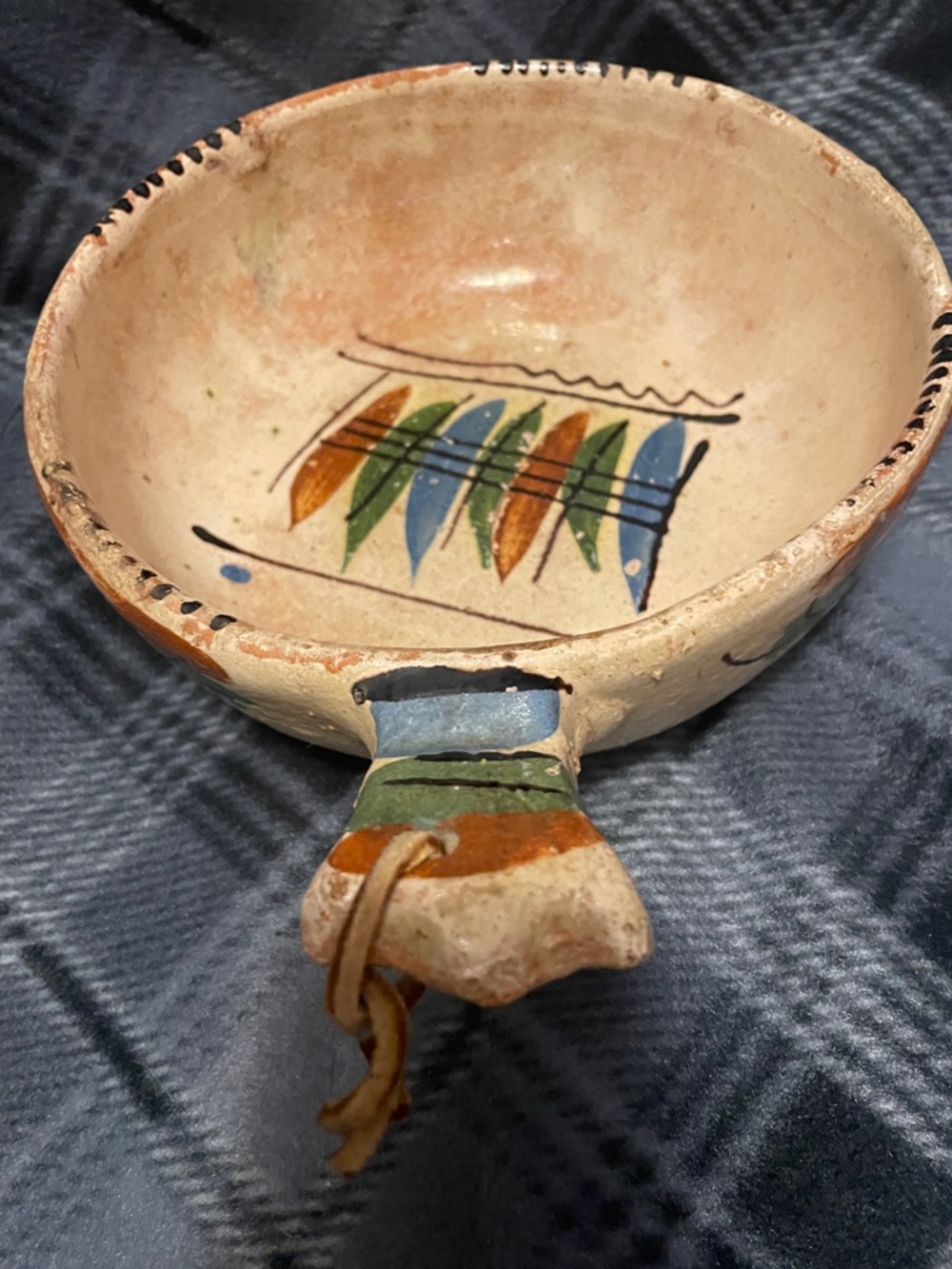 Hand-Painted Ceramic Accent Bowl in Cream, Blue, Green and Orange - Picture 6 of 8